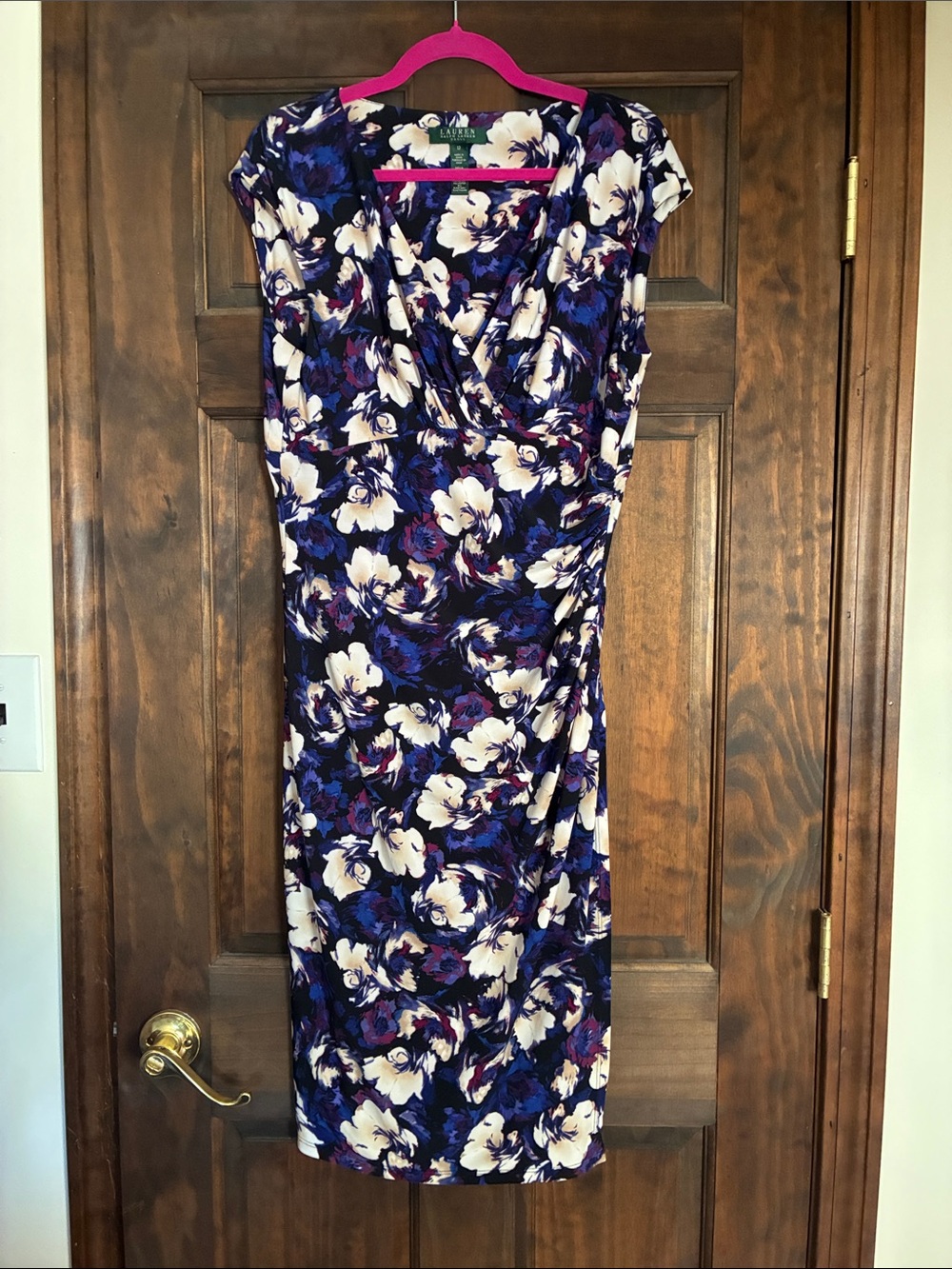 Lauren Ralph Lauren Navy, White & Purple Floral Wrap-Front Midi Dress